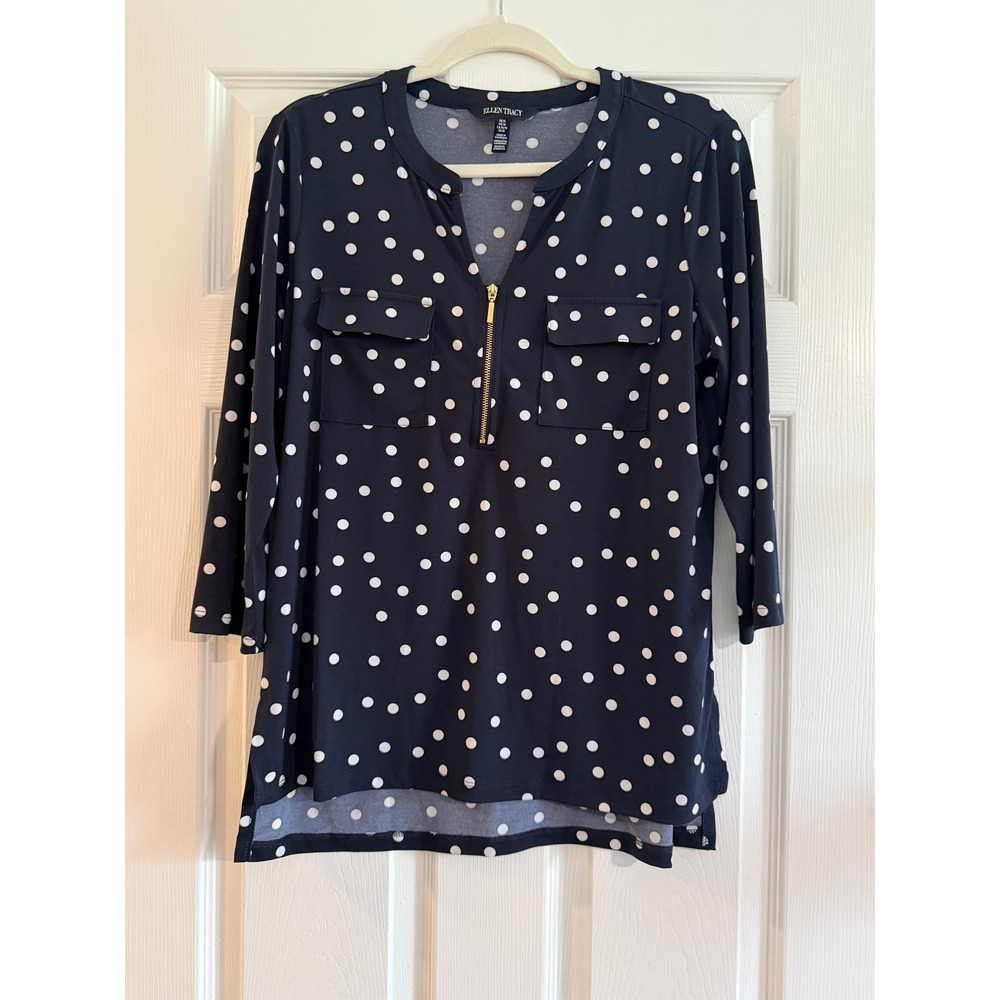 Ellen Tracy Navy Blue Polka Dot Half Zip Tunic Top‎ 3/4 Sleeve Womens Medium